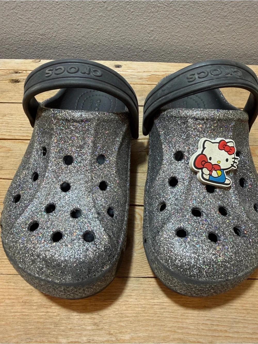 CROCS Kids Glitter Clogs in Silver and Black